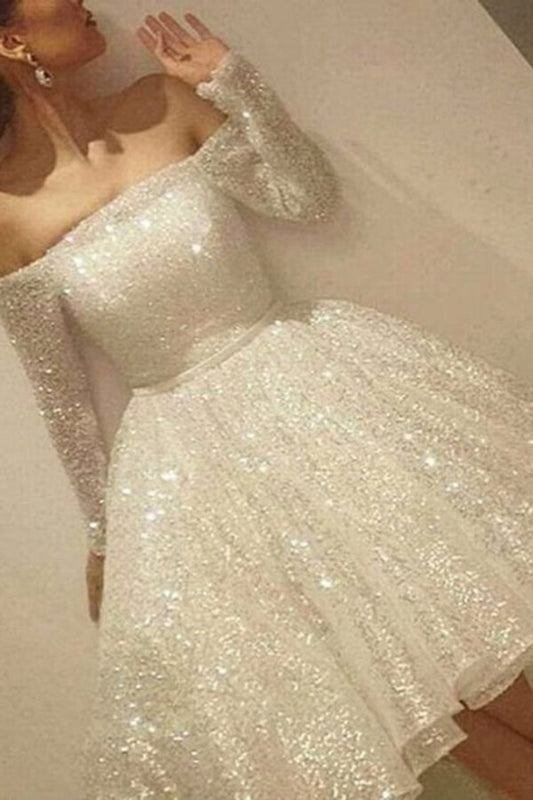 Roycebridal Stunning Sequins Off the Shoulder Long Sleeves Prom Dresses