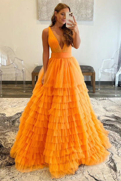 Roycebridal Reese |A-line Orange V-Neck Tulle Long Prom Dress