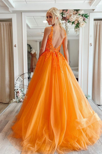 Roycebridal Marigold |A-Line V-Neck Long Tulle Prom Dress with Appliques