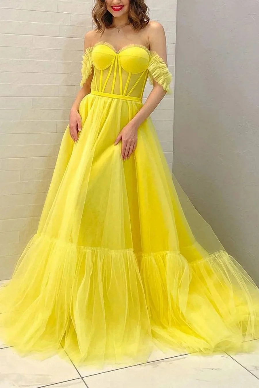 Roycebridal Lexie | A Line Off the Shoulder Yellow Corset Prom Dress