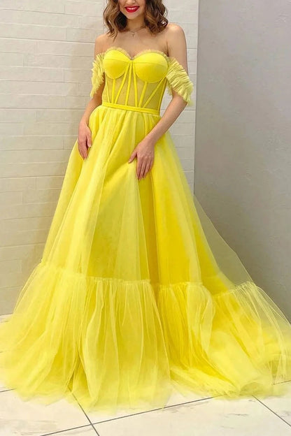 Roycebridal Lexie | A Line Off the Shoulder Yellow Corset Prom Dress