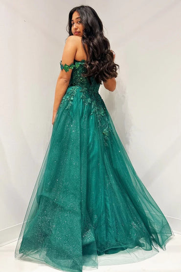 Roycebridal Elliana | Glitter Emerald Appliques Off-the-Shoulder A-Line Long Prom Dress