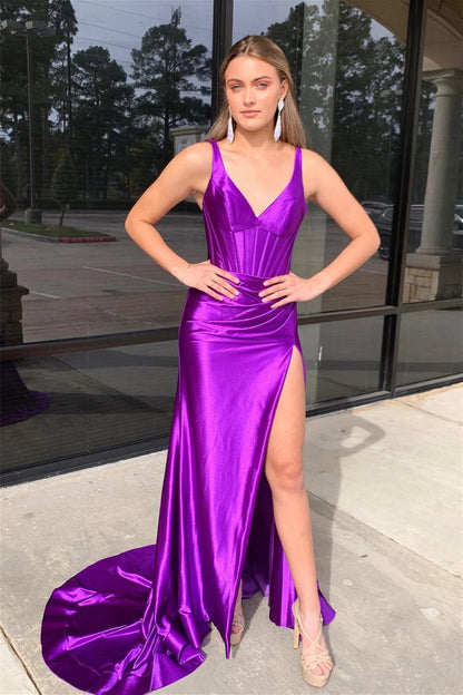 Roycebridal Lara | Grape Mermaid Satin V Neck Long Prom Dress with Slit