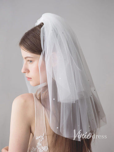 2 Tier Blusher Veil Shoulder Length Wedding Veils with Crystals AC1212-Veils-Viniodress-Ivory-Viniodress