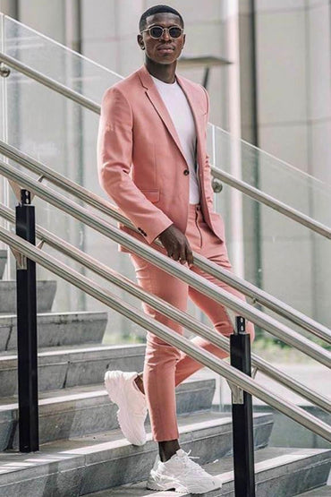 2 Piece Notched Lapel Pink Men's Suits for Casual with Flap Pockets-showprettydress