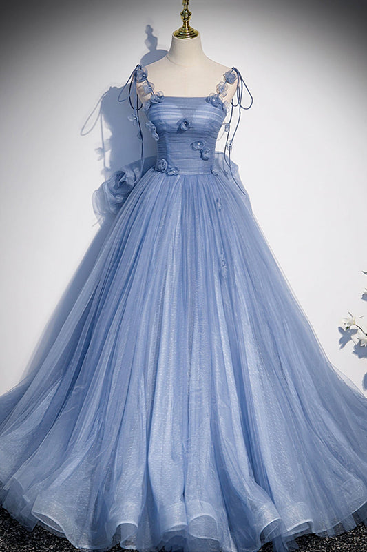 Roycebridal Karla | Blue Tulle Long A-Line Prom Dress Blue Spaghetti Straps Party Dress with Bow