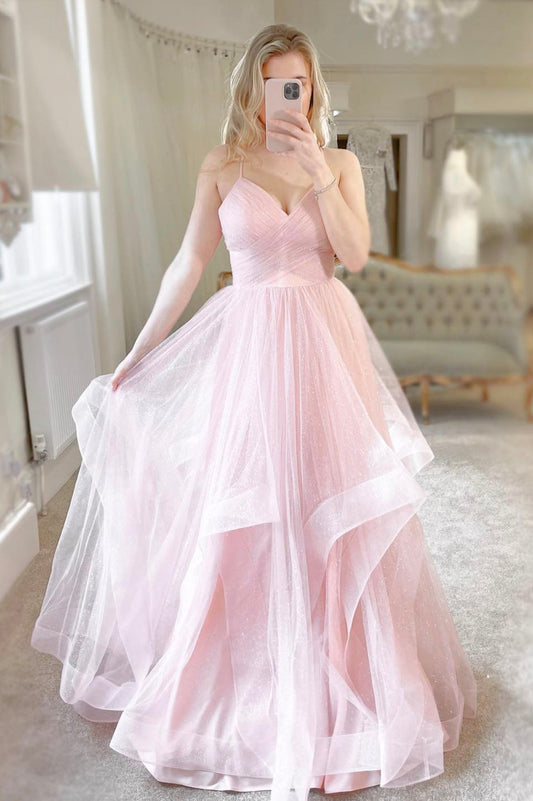 Roycebridal Erin | Pink Tulle Long A-Line Prom Dress Pink V-Neck Graduation Dress