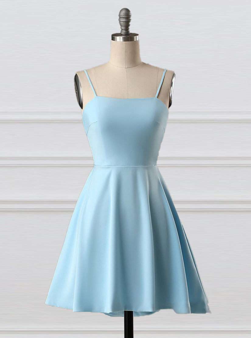 Blue A-Line Spaghetti Straps Short Satin Homecoming Dresses