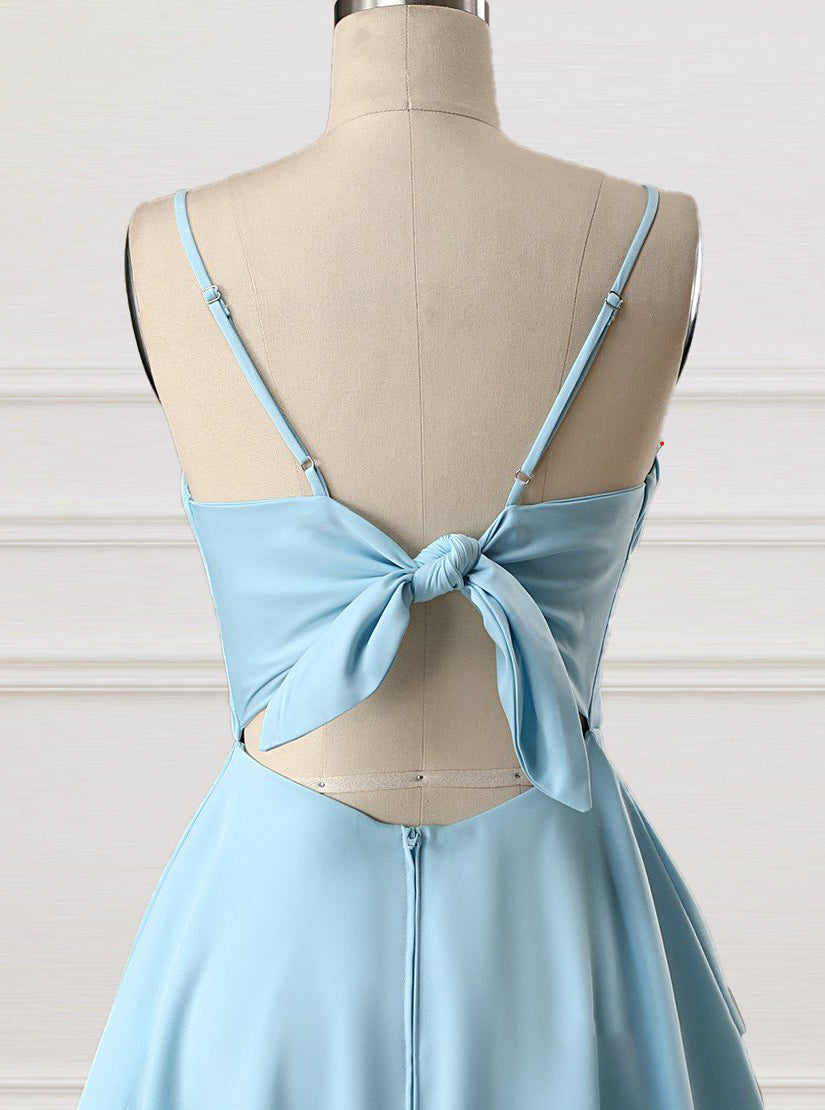 Blue A-Line Spaghetti Straps Short Satin Homecoming Dresses