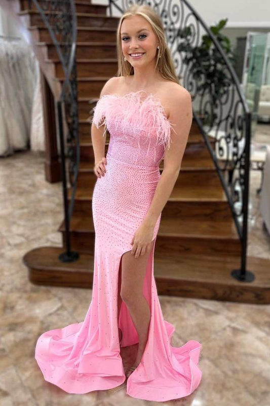 Roycebridal Pink Beaded Feather Strapless Lace-Up Mermaid Long Prom Dress