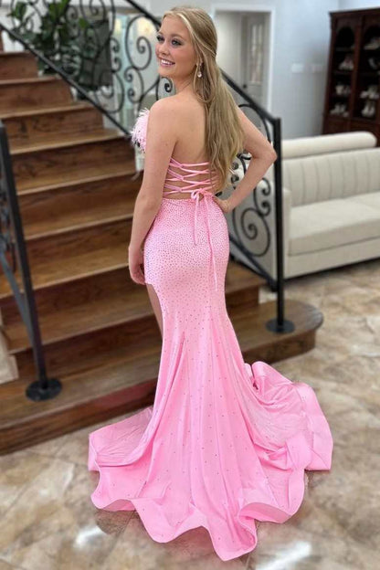 Roycebridal Pink Beaded Feather Strapless Lace-Up Mermaid Long Prom Dress