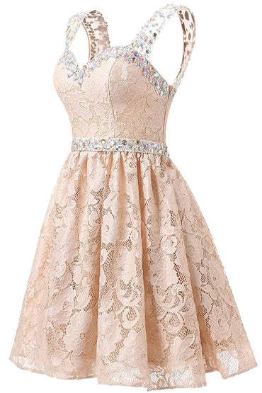 Gorgeous A Line Straps Knee Length Lace With Beading Homecoming Dresses