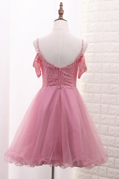 Chic Tulle Lace Spaghetti Strap With Beading Homecoming Dresses