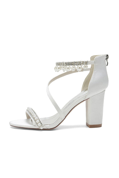 Elegant Single Strap Pearl Beaded Chunky Heels