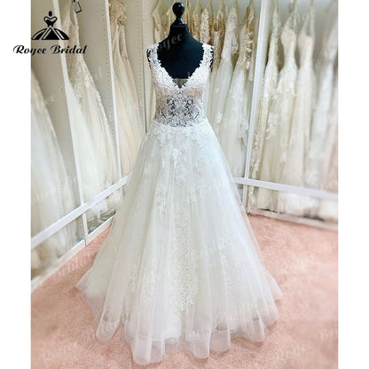 Roycebridal 2022 Robe Mariee A Line Wedding Dress V Neck Lace Applique Backless Court Tank Bridal Gown vestido de noiva praiano Custom Made