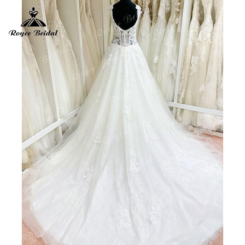 Roycebridal 2022 Robe Mariee A Line Wedding Dress V Neck Lace Applique Backless Court Tank Bridal Gown vestido de noiva praiano Custom Made