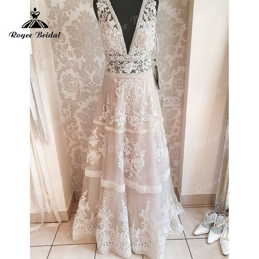 Roycebridal 2025 Deep V Neck Lace Appliques Backless A Line Boho Beach Wedding Dress batas de novia para boda Bridal Gown for Women Sexy