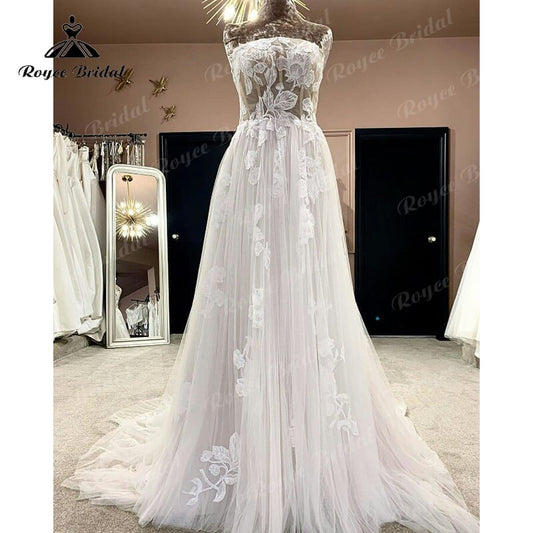 Roycebridal BRIDE,BRIDE EXPLORE All Wedding Dresses,BRIDE EXPLORE Custom Wedding Dresses 👗,BRIDE EXPLORE Plus Size2025 Robe Chic Lace Appliques A Line Boho Wedding Dress Beach Off the Shoulder Floral Bridal Gown for Women Wedding Party Gowns