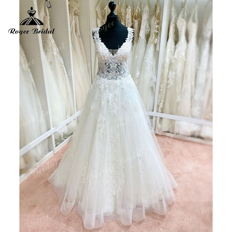 Roycebridal 2025 Robe Mariee A Line Wedding Dress V Neck Lace Applique Backless Court Tank Bridal Gown vestido de noiva praiano Custom Made