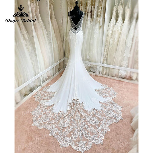 Roycebridal 2025 Sexy Mermaid/Trumpet Lace Boho Backless Soft Satin Wedding Dress with V Neck Spaghetti Straps Wedding Gown vestido de boda