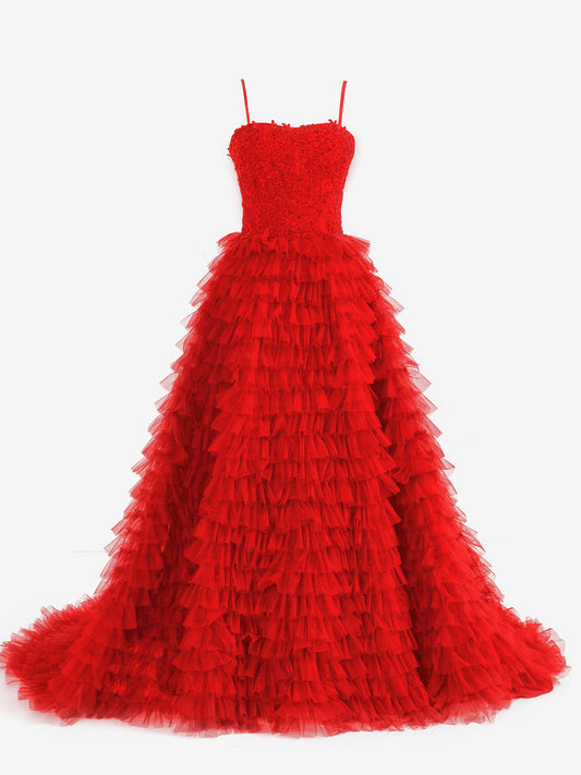 Roycebridal Jordan | Red A-Line Tiered Sequins Tulle Long Prom Dress