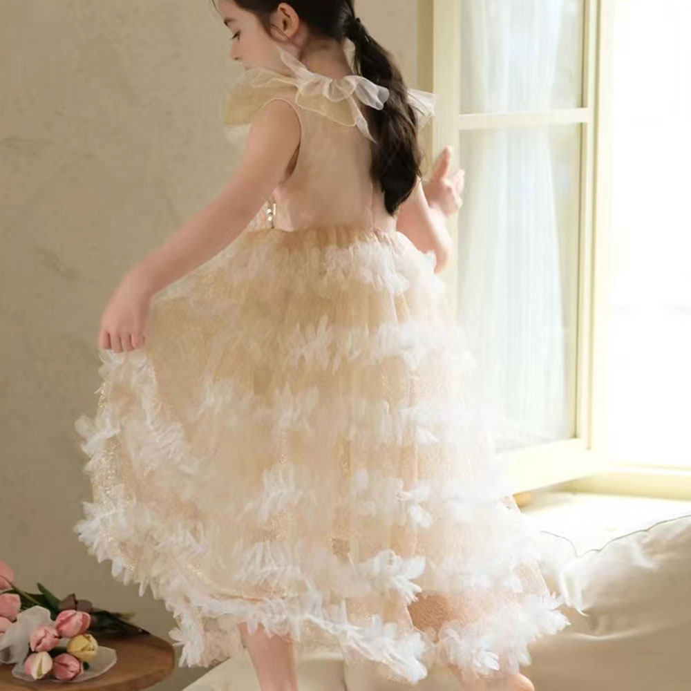 Jill Wish Elegant Champagne Dress Lithe for Baby Kid Princess Birthday Wedding Party Children Holiday Fairy Daily Gown 2024 J031