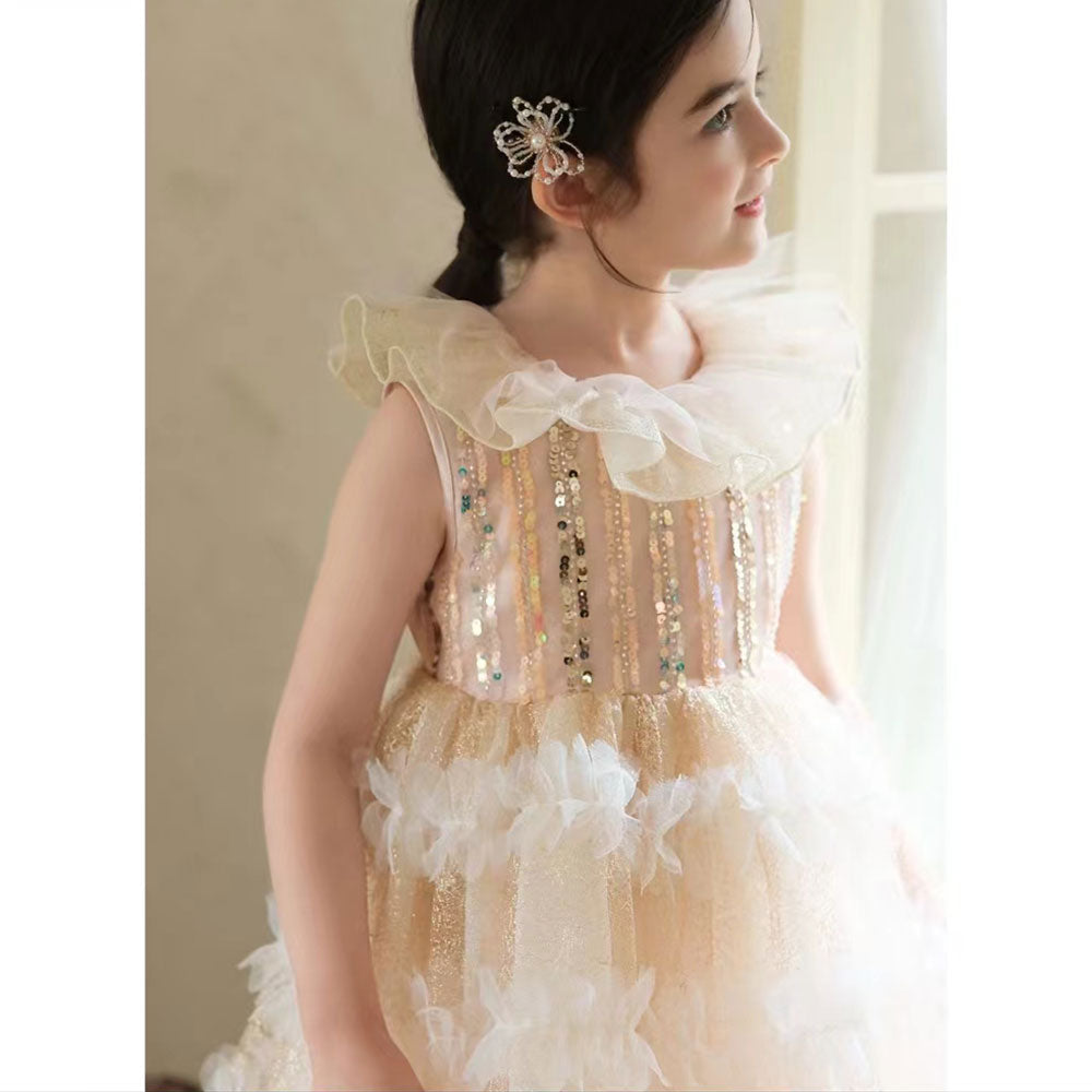 Jill Wish Elegant Champagne Dress Lithe for Baby Kid Princess Birthday Wedding Party Children Holiday Fairy Daily Gown 2024 J031