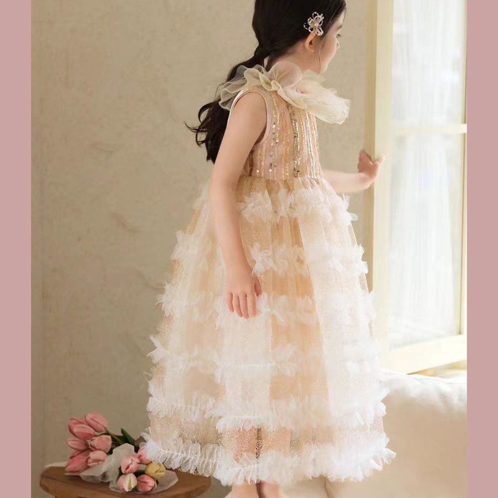 Jill Wish Elegant Champagne Dress Lithe for Baby Kid Princess Birthday Wedding Party Children Holiday Fairy Daily Gown 2024 J031