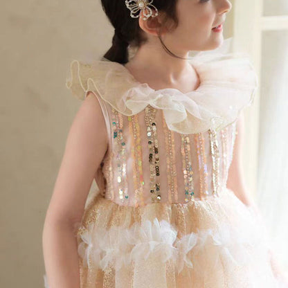 Jill Wish Elegant Champagne Dress Lithe for Baby Kid Princess Birthday Wedding Party Children Holiday Fairy Daily Gown 2024 J031