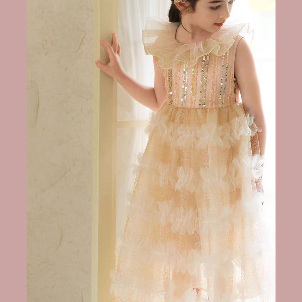 Jill Wish Elegant Champagne Dress Lithe for Baby Kid Princess Birthday Wedding Party Children Holiday Fairy Daily Gown 2024 J031