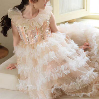 Jill Wish Elegant Champagne Dress Lithe for Baby Kid Princess Birthday Wedding Party Children Holiday Fairy Daily Gown 2024 J031