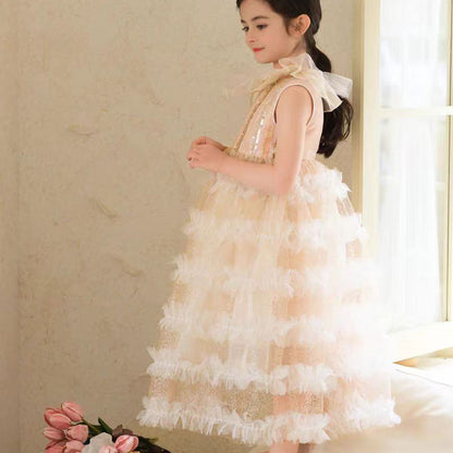 Jill Wish Elegant Champagne Dress Lithe for Baby Kid Princess Birthday Wedding Party Children Holiday Fairy Daily Gown 2024 J031