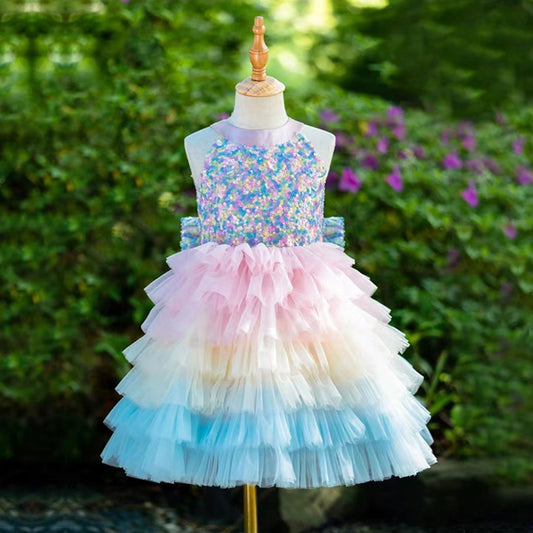 Roycebridal Sparkly Flower Girl Dress Tiered Bow Elegant Kids Princess Birthday Wedding Party Children Holiday Pageant Gown J004