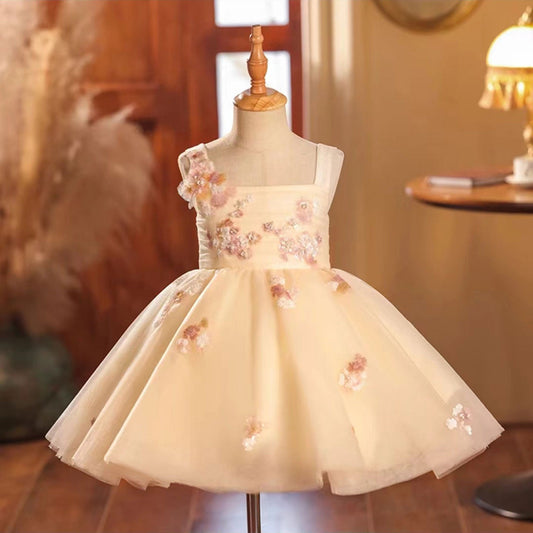 Roycebridal Elegant Champagne Girl Dress Square Collar Dubai Kids Princess Birthday Wedding Party Child Holiday Pageant Gown J056