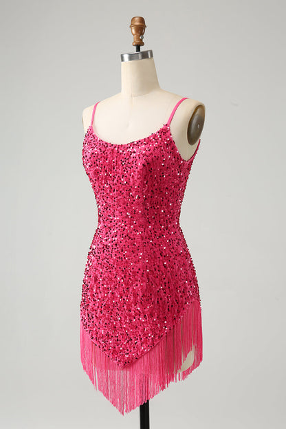 Sparkly Fuchsia Bodycon Spaghetti Straps Sequin Short Homecoming Dress with Tassels