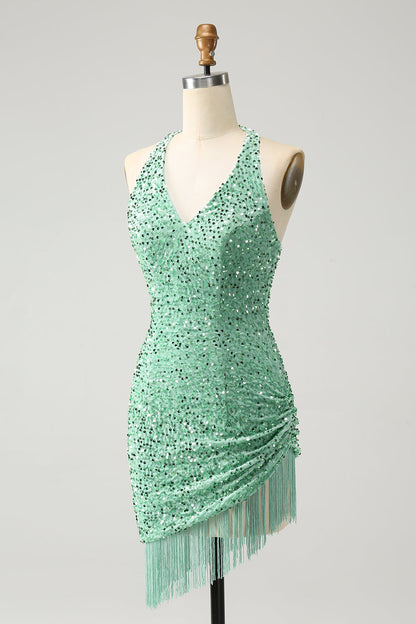 Glitter Sage Bodycon Halter Sequin Short Homecoming Dress with Tassels