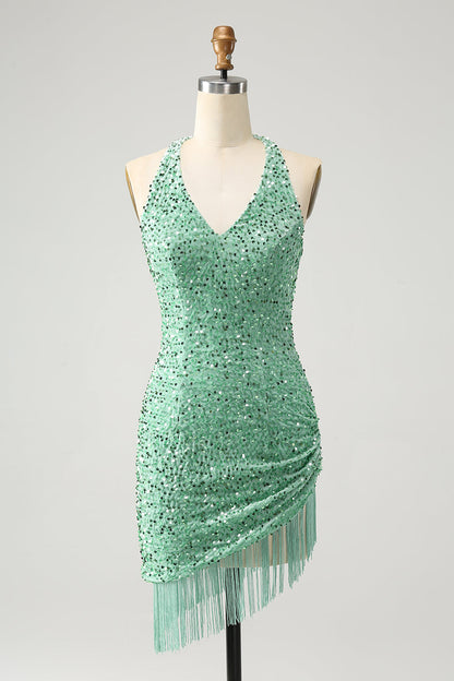 Glitter Sage Bodycon Halter Sequin Short Homecoming Dress with Tassels