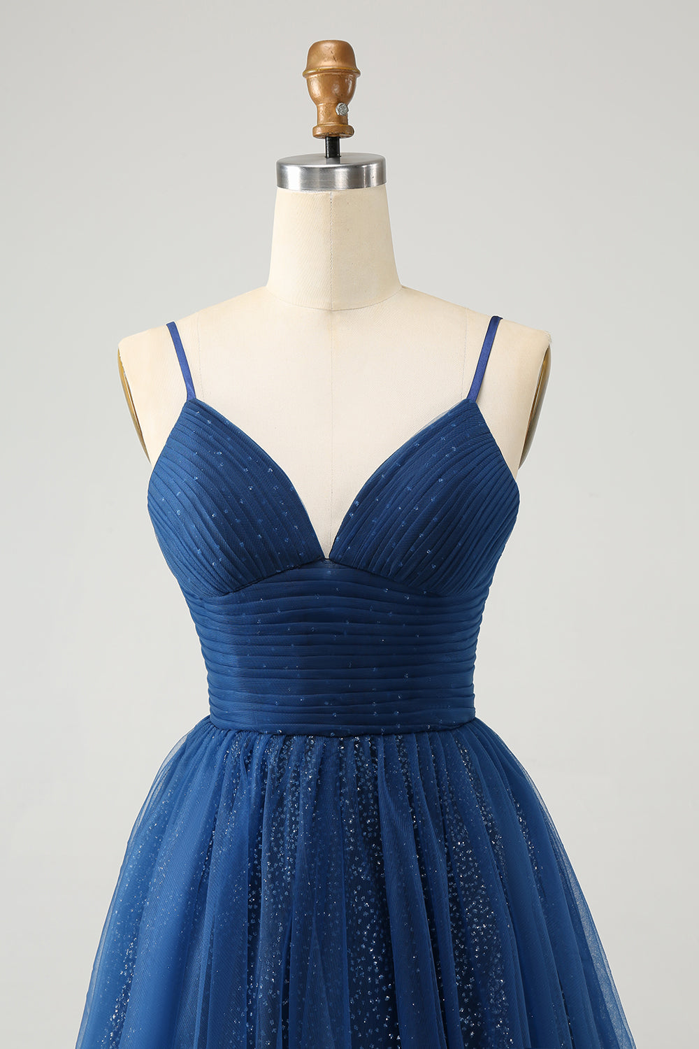 Glitter Navy A Line Spaghetti Straps Pleated Tulle Short Homecoming Dress with Sequins