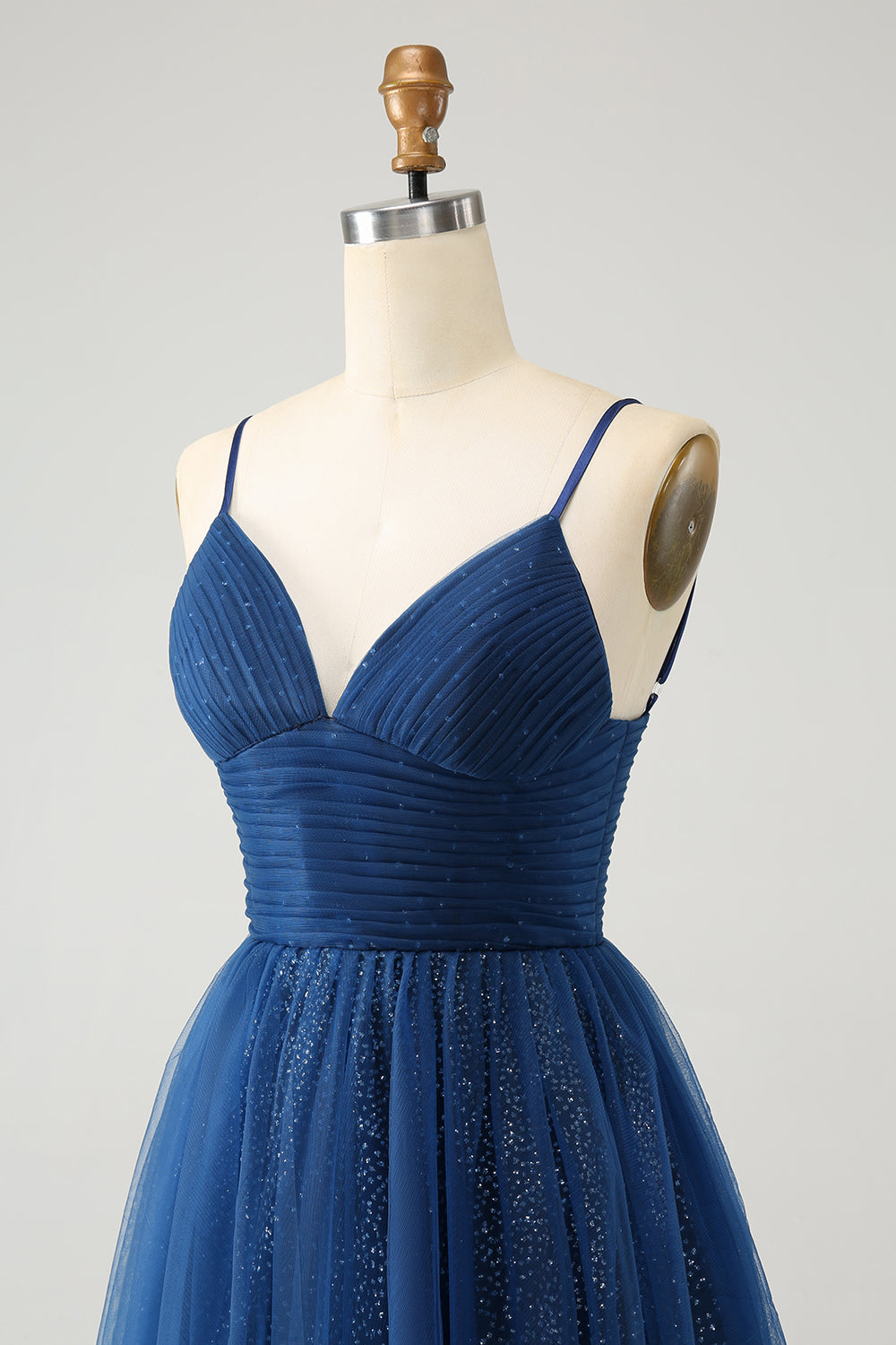 Glitter Navy A Line Spaghetti Straps Pleated Tulle Short Homecoming Dress with Sequins