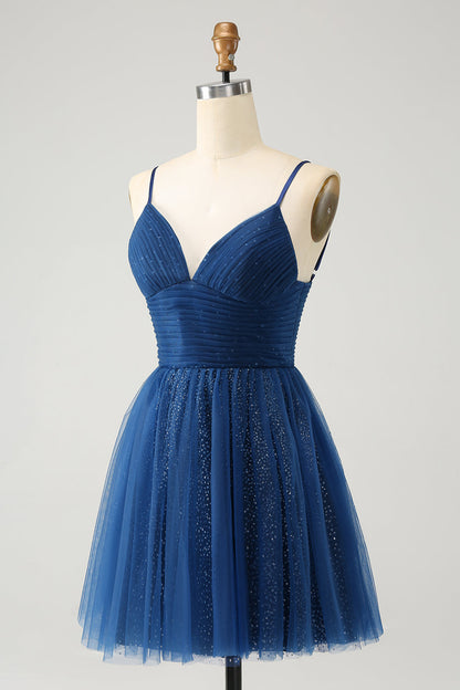 Glitter Navy A Line Spaghetti Straps Pleated Tulle Short Homecoming Dress with Sequins