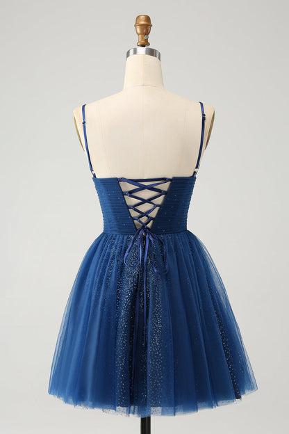 Glitter Navy A Line Spaghetti Straps Pleated Tulle Short Homecoming Dress with Sequins