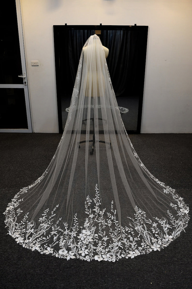 Roycebridal Vintage Flower Lace Veil Cathedral Tulle Bridal veil