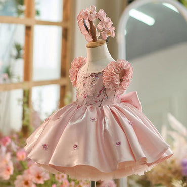 Roycebridal Elegant Dubai Pink Girl Dress 3D Flowers with Hairband for Kids Wedding Birthday Communion Party Pageant 2025 J026