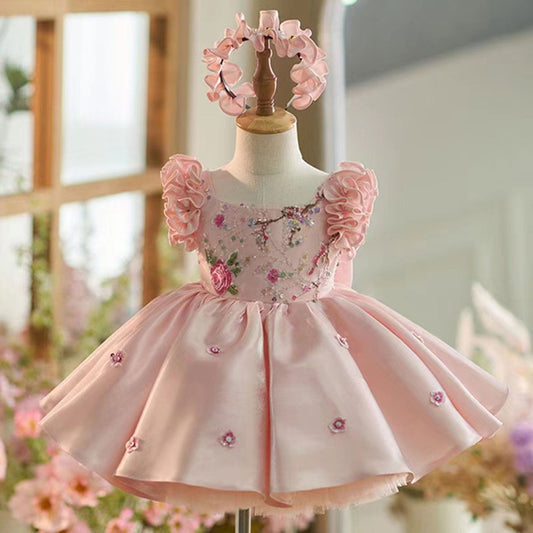 Roycebridal Elegant Dubai Pink Girl Dress 3D Flowers with Hairband for Kids Wedding Birthday Communion Party Pageant 2025 J026