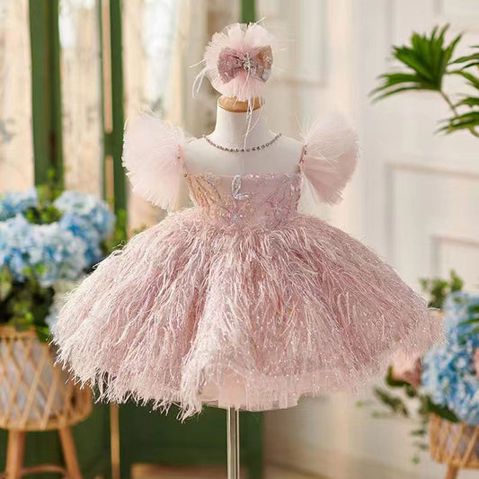 Roycebridal Elegant Pink Flower Girl Dresses with Hairband Feathers for Baby Kids Wedding Birthday Communion Party Pageant J082