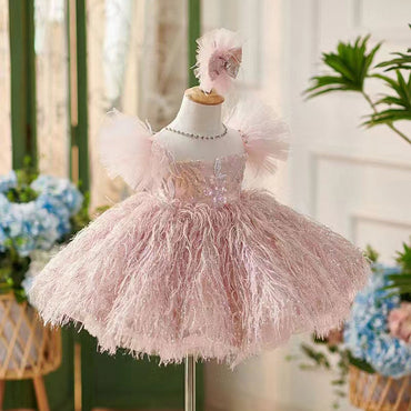 Roycebridal Elegant Pink Flower Girl Dresses with Hairband Feathers for Baby Kids Wedding Birthday Communion Party Pageant J082