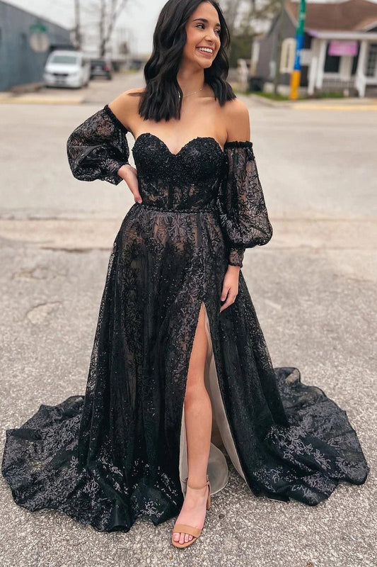 Roycebridal Trina | Cute A Line Sweetheart Black Sequins Long Prom Dresses