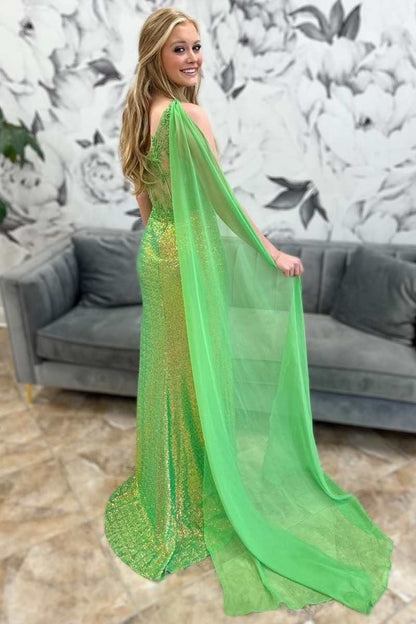 Green Sequin Lace One-Shoulder Long Formal Dress with Attached Train