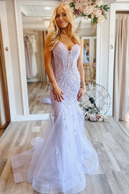 Roycebridal Leighton |Mermaid V neck Lace Glitter Tulle Prom Dress