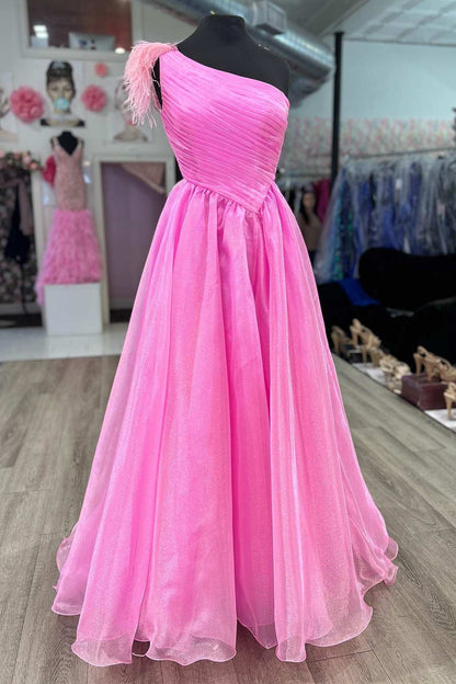 Roycebridal Pink Feather One-Shoulder Ruching A-Line Long Prom Dress